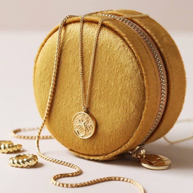 Jewellery Case - Mustard Round Velvet with Floral Lining