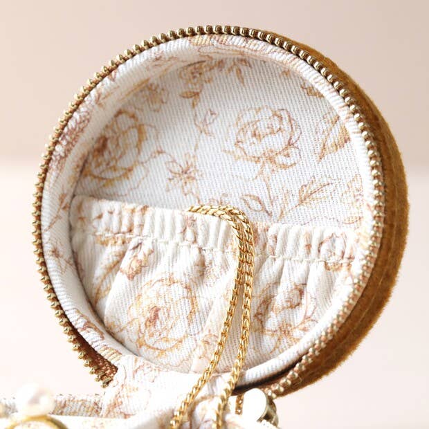 Jewellery Case - Mustard Round Velvet with Floral Lining