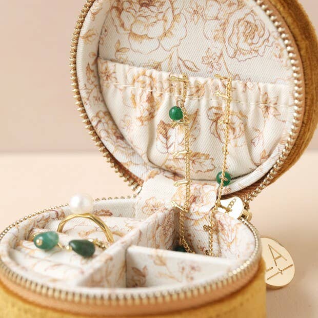 Jewellery Case - Mustard Round Velvet with Floral Lining