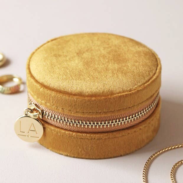 Jewellery Case - Mustard Round Velvet with Floral Lining
