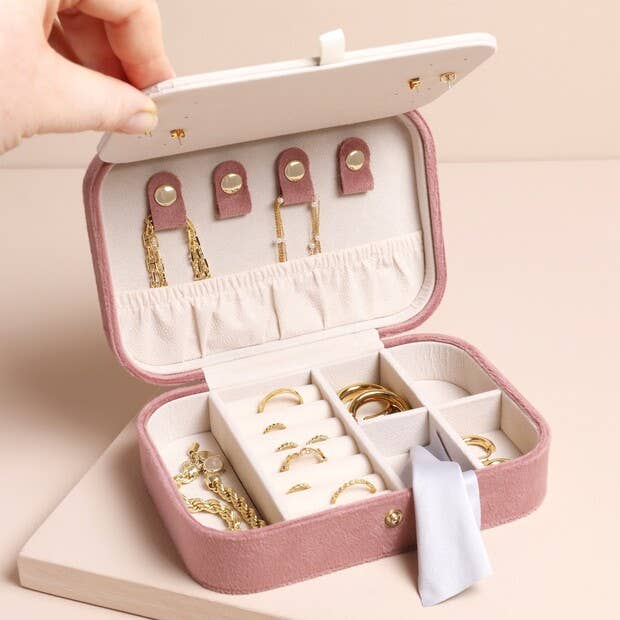 Jewellery Case - Rose Pink Velvet Rectangular Travel