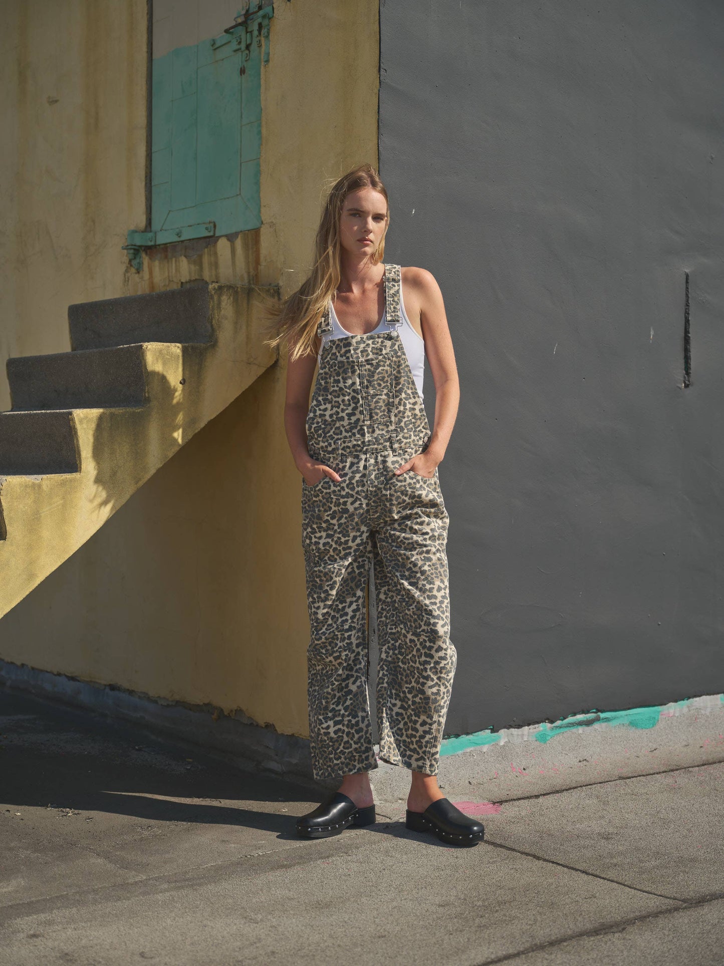 SLOUCHY RELAX FIT DENIM OVERALL -  ANIMAL PRINT