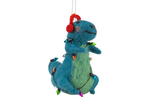 Ornament - Blue Felt dinosaur wrapped in light string