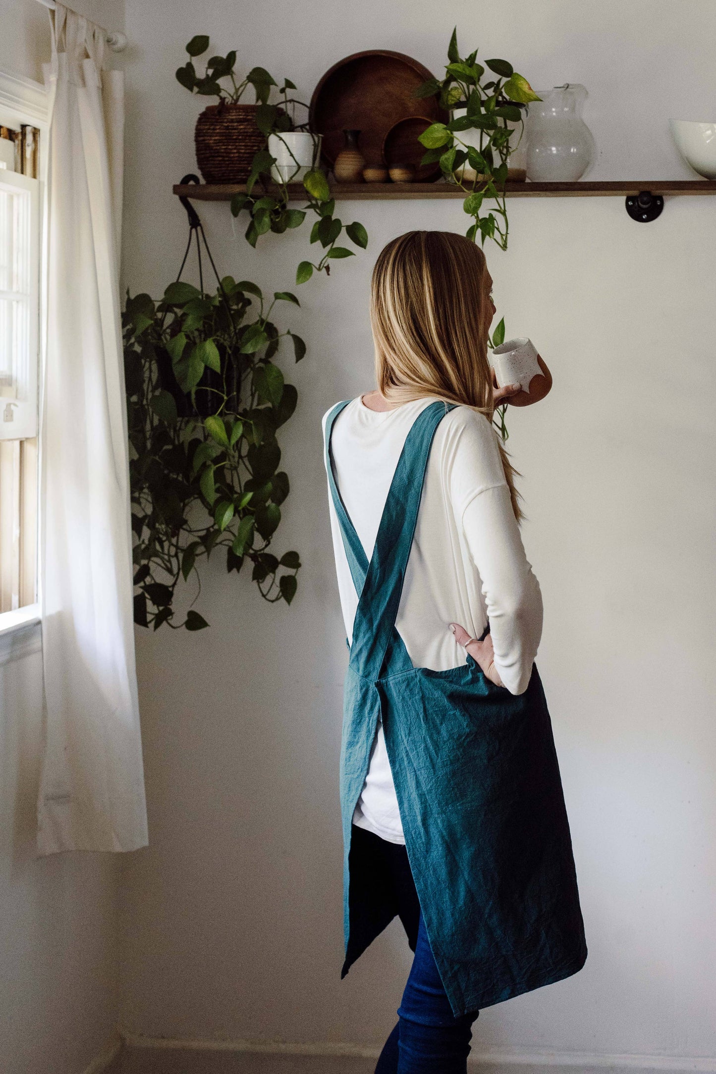 Cross Back Apron - Peacock Blue