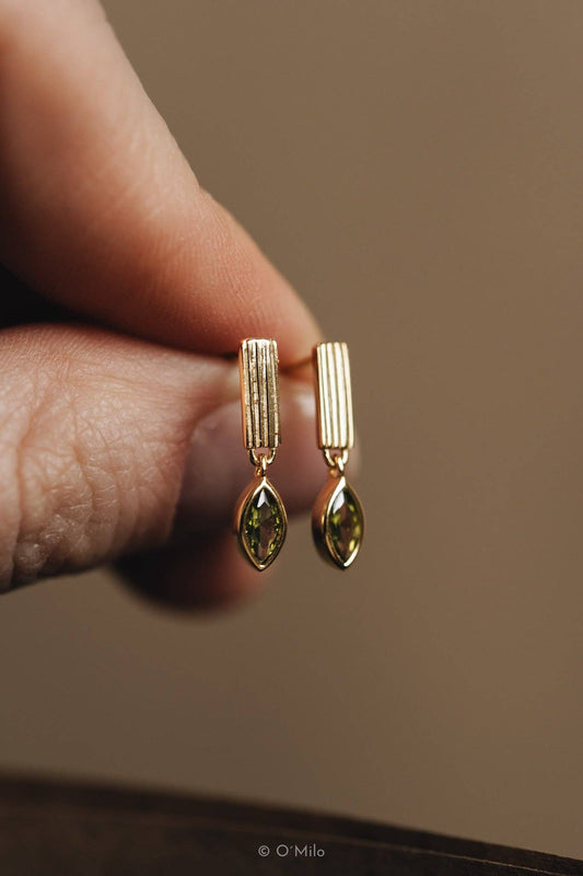 Earrings - Ribbed Bar Peridot Drops. Leaf