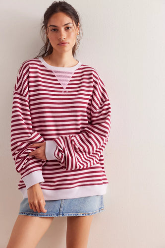 Free People - Classic Striped Oversized Crewneck - Raspberry Combo