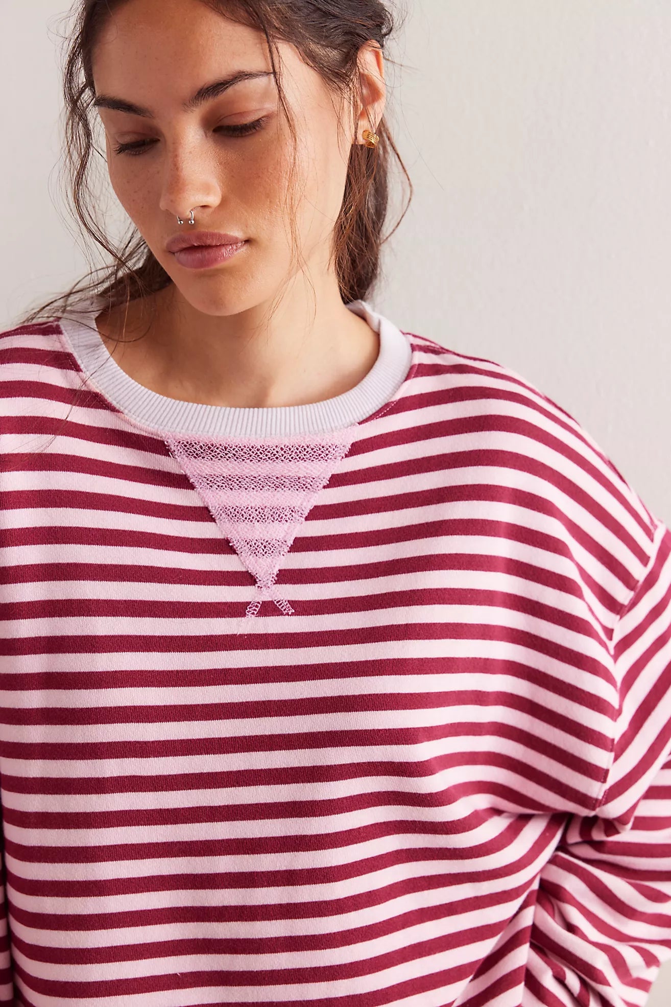 Free People - Classic Striped Oversized Crewneck - Raspberry Combo