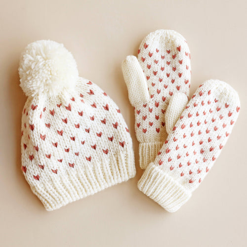 White Dusky Dark Pink Heart Hat and Gloves Set